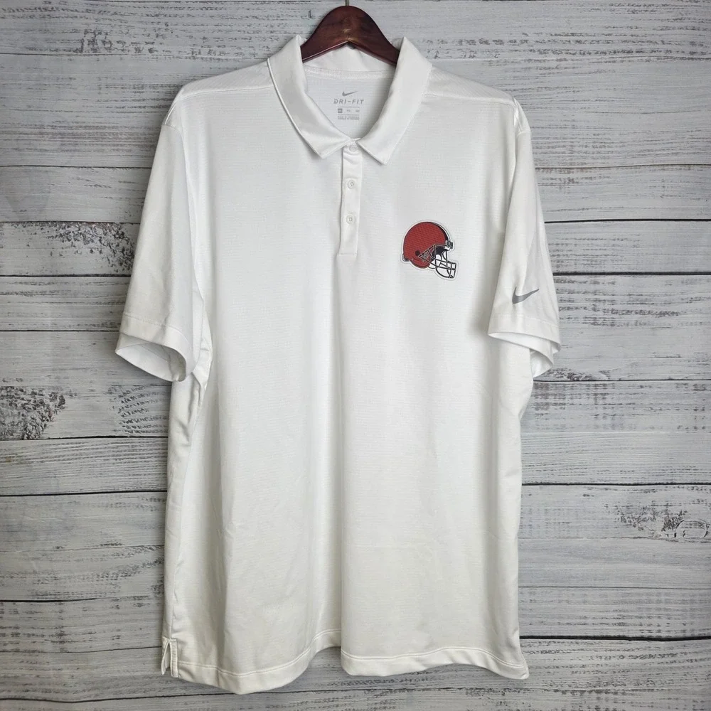 Nike‎ Dri Fit Cleveland Browns Polo Shirt Mens 2XL White Short Sleeve Polyester